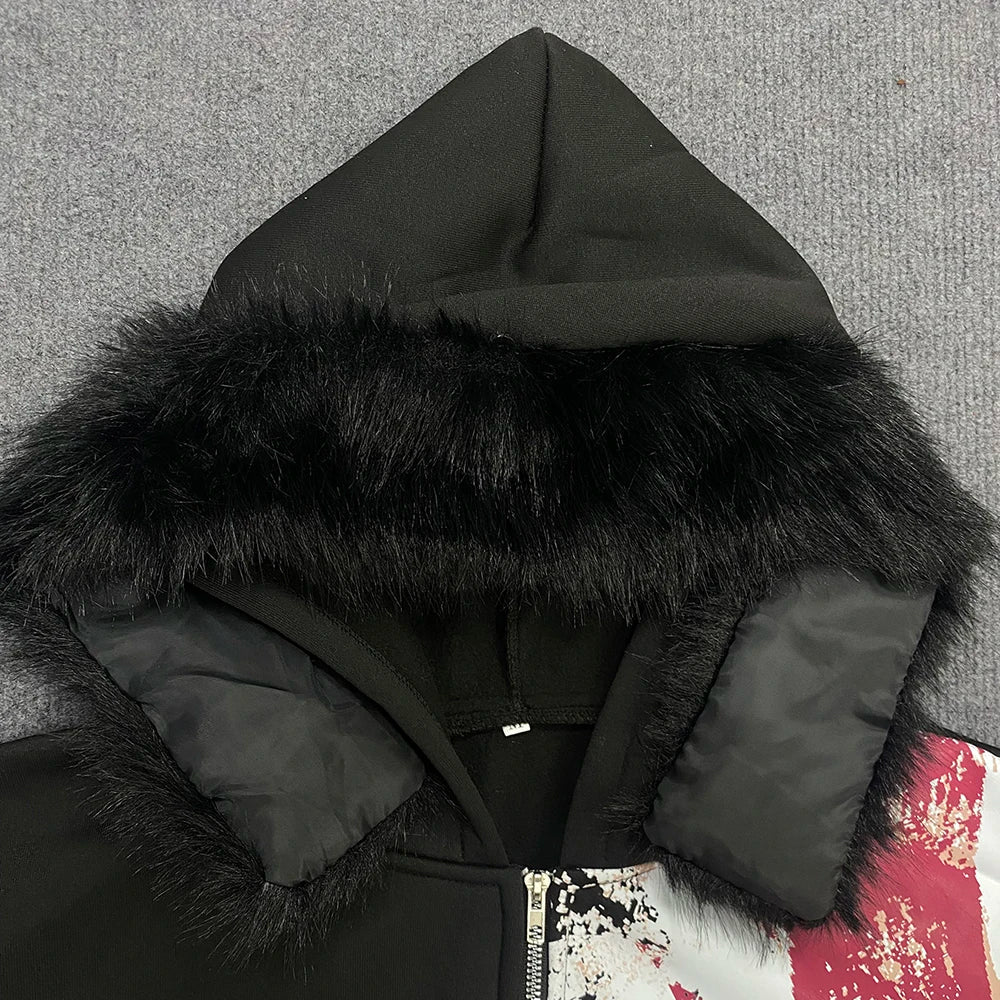 Fur hood British Y2K full zip-up Hoodie