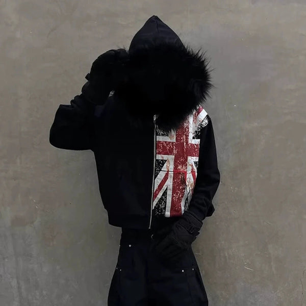 Fur hood British Y2K full zip-up Hoodie
