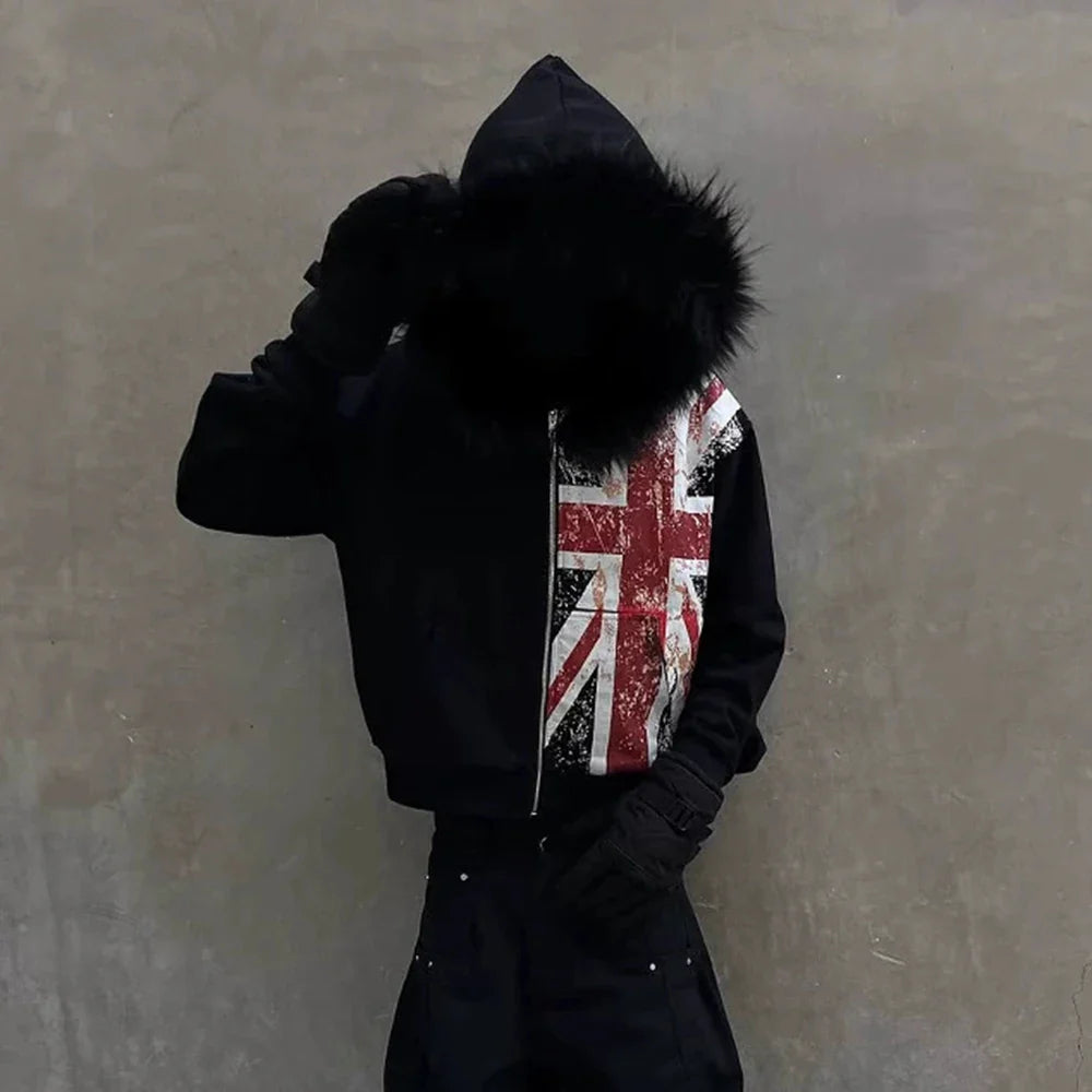 Fur hood British Y2K full zip-up Hoodie