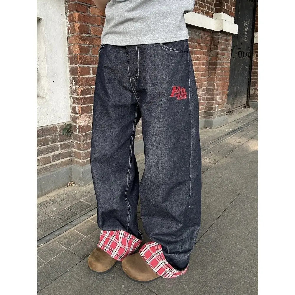 Plaid Patchwork Denim Baggy Jeans
