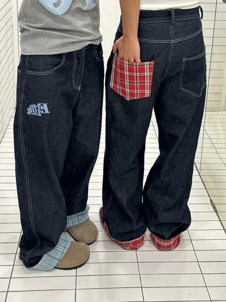 Plaid Patchwork Denim Baggy Jeans