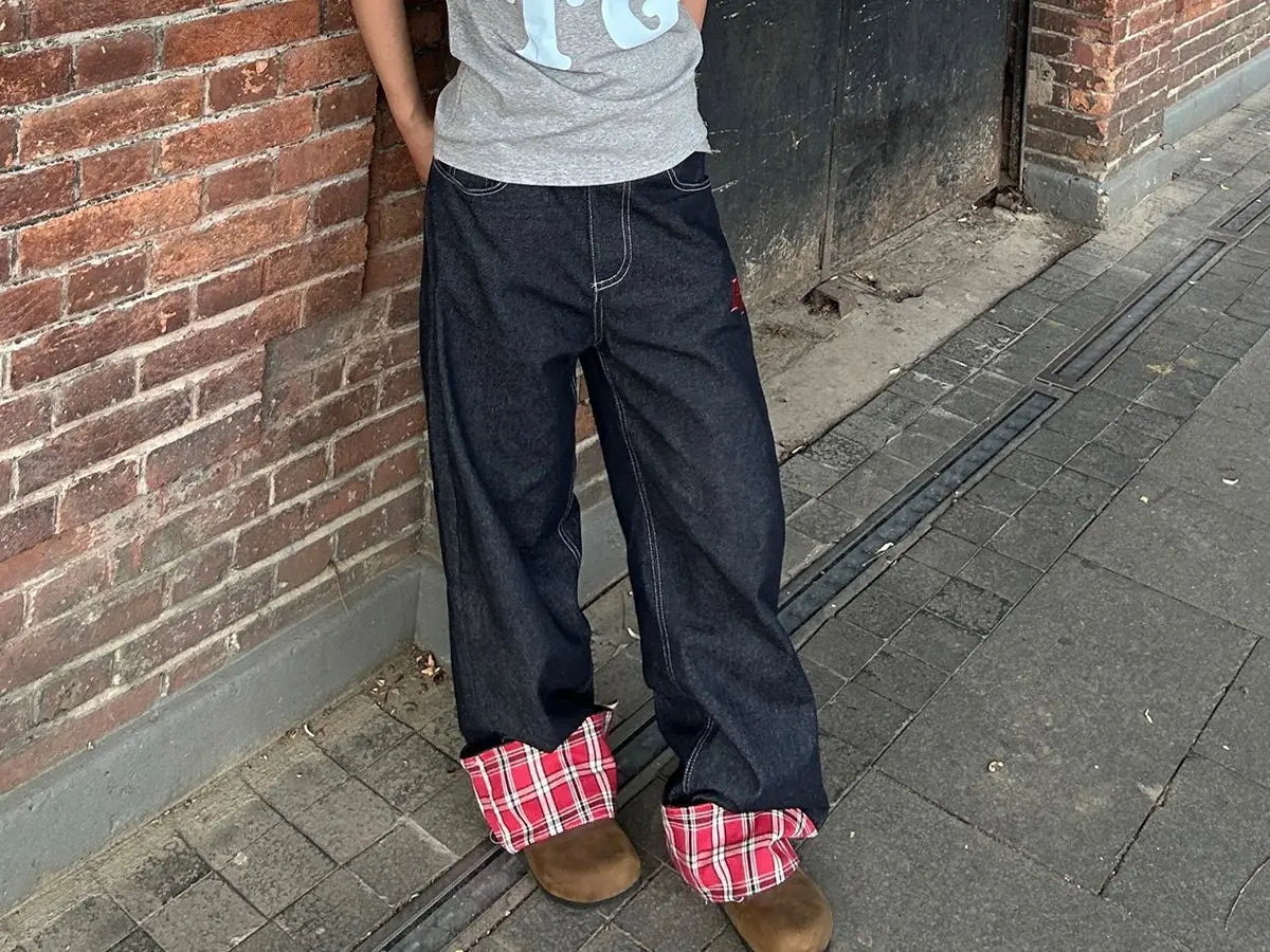 Plaid Patchwork Denim Baggy Jeans