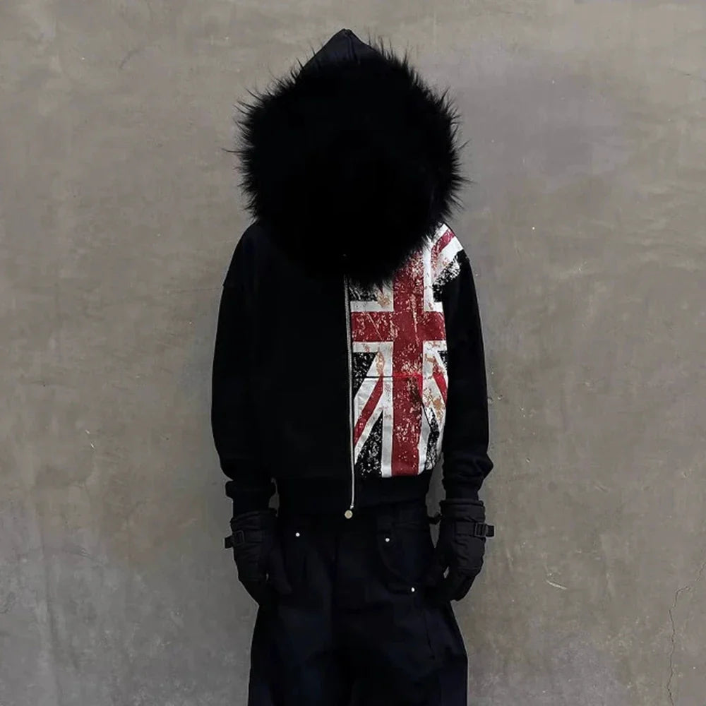 Fur hood British Y2K full zip-up Hoodie