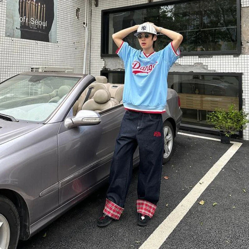 Plaid Patchwork Denim Baggy Jeans