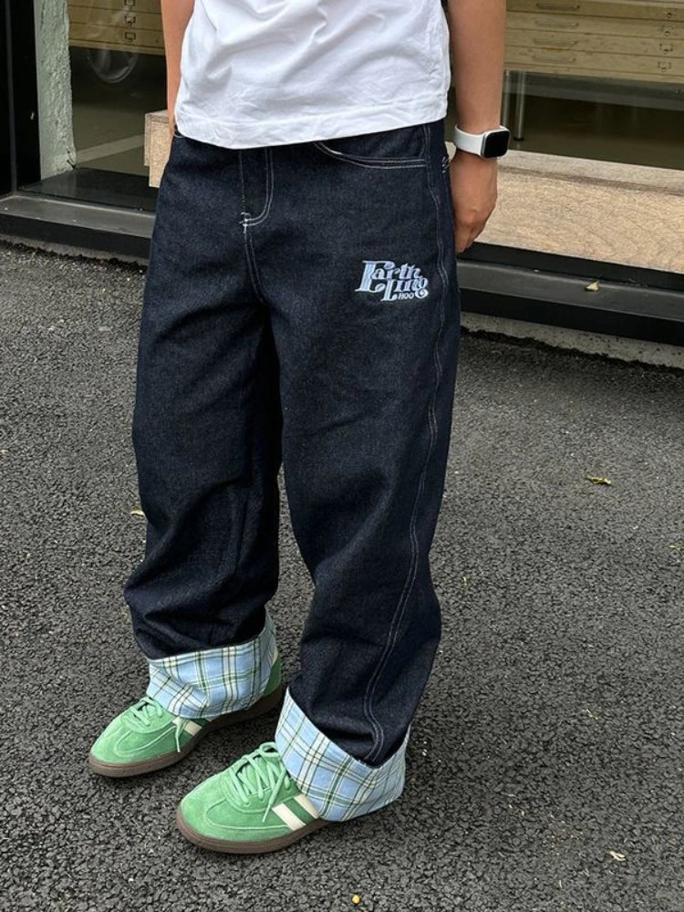 Plaid Patchwork Denim Baggy Jeans