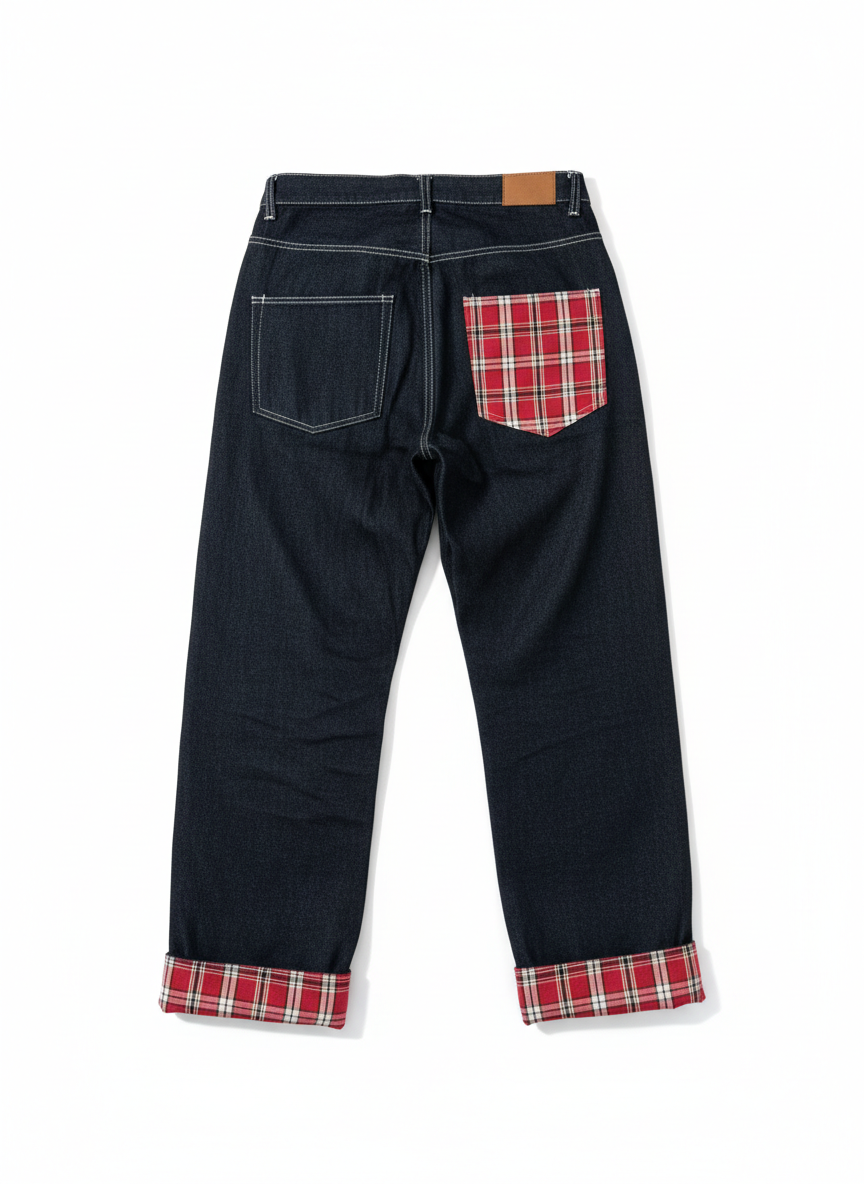 Plaid Patchwork Denim Baggy Jeans